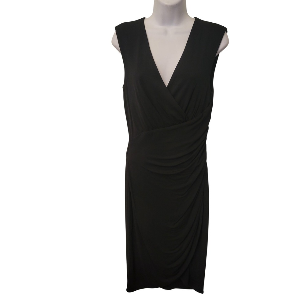 Michael Kors 10 Sheath Dress Black Ruched V Neck Sleeveless Italy Gown Glam Goth - Picture 1 of 7